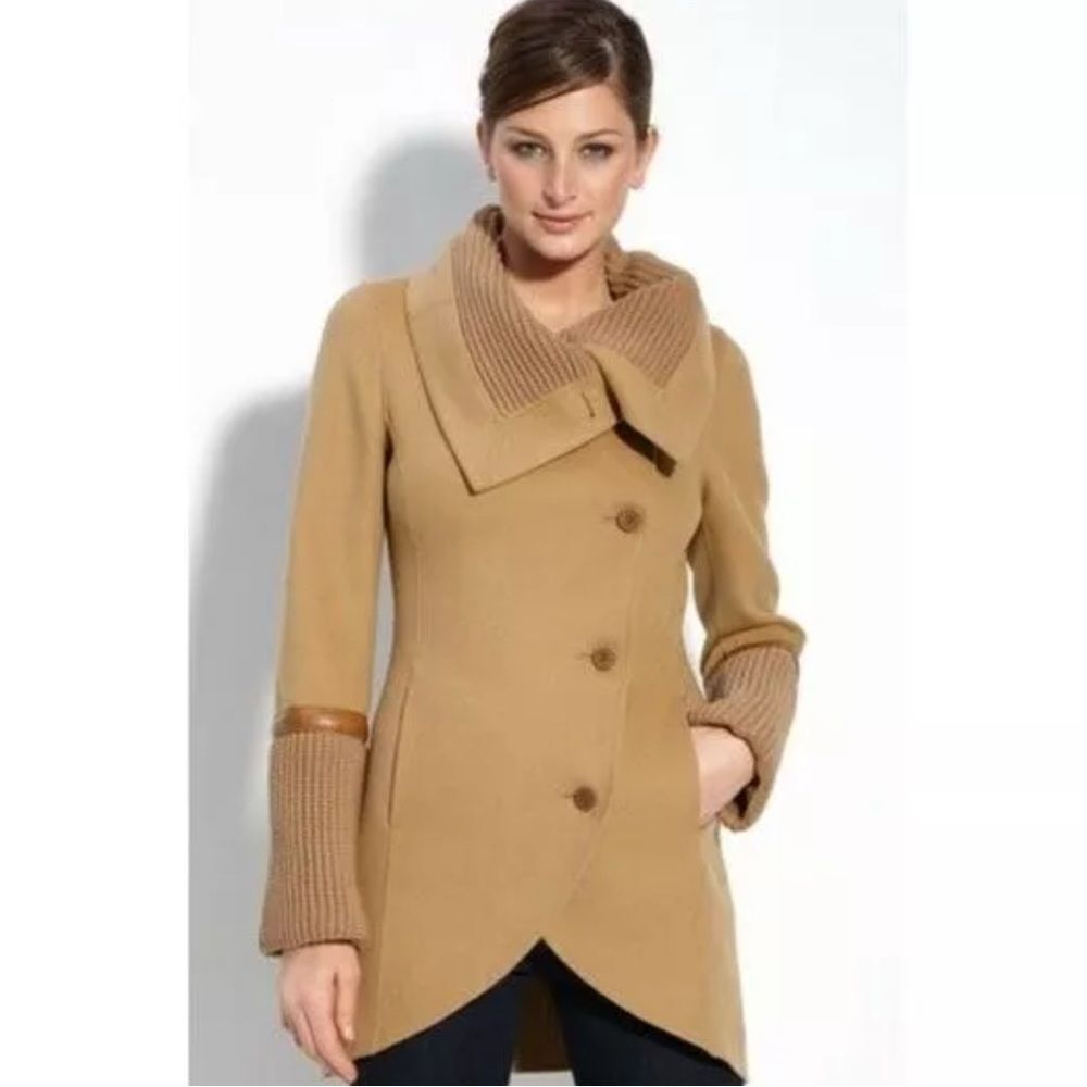 Mackage wool camel leather trim coat S